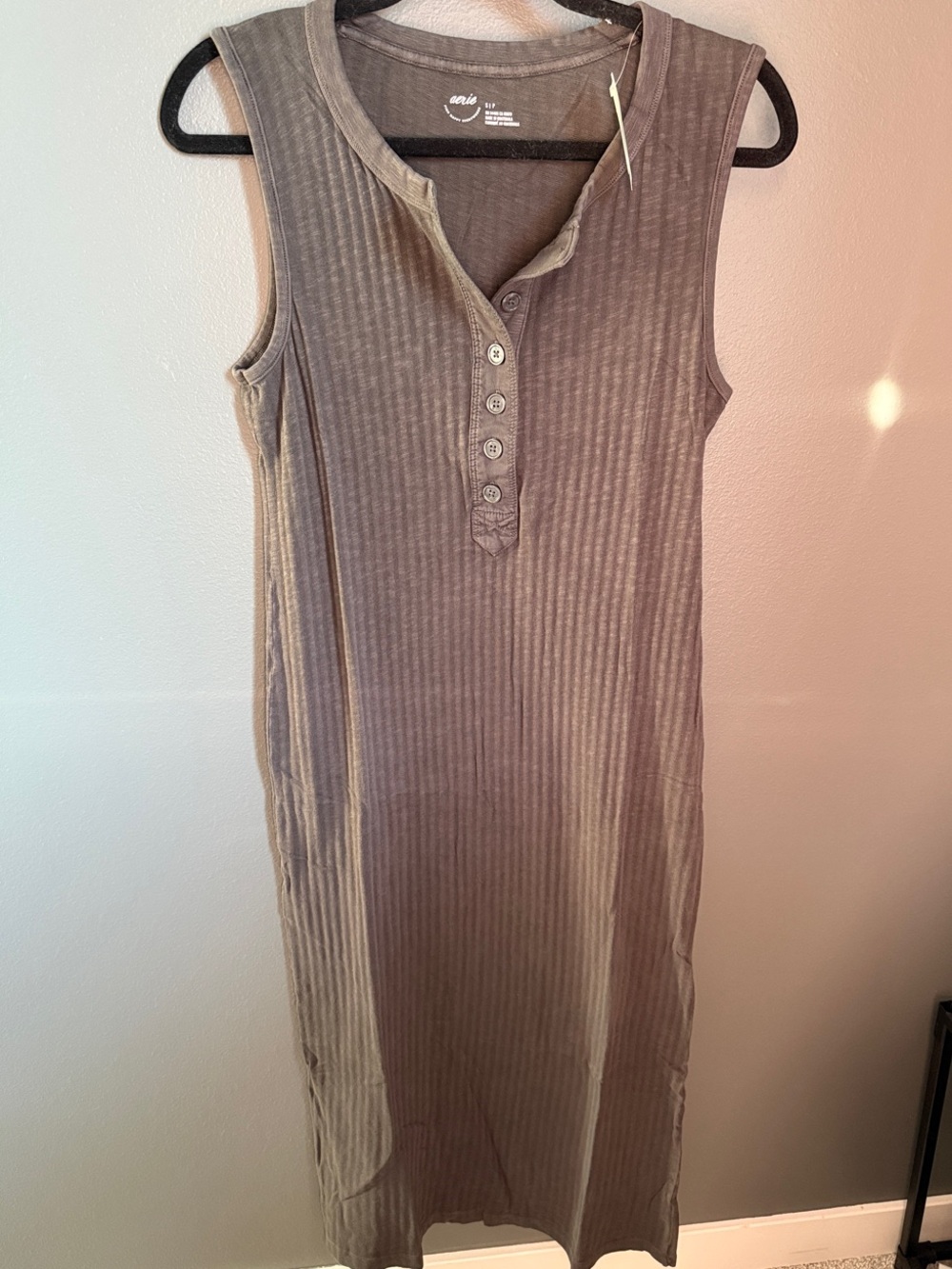 aerie Ribbed Button-Front Midi Dress in Taupe